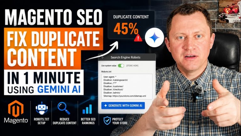 A man explaining how to fix duplicate content in Magento SEO in 1 minute using Gemini AI