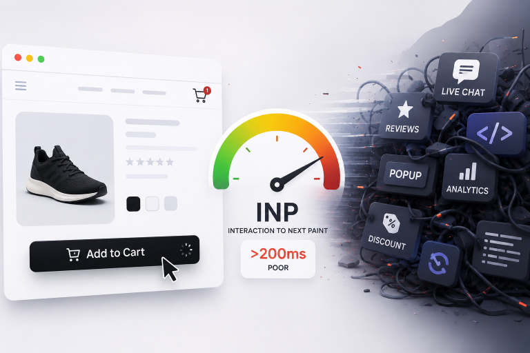 E-commerce product page with “Add to Cart” button experiencing delay, INP performance gauge in red zone, and multiple third-party plugins and scripts causing website slowdown and poor user interaction speed.