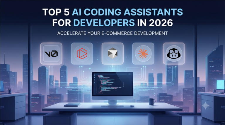 Developer's workspace with a computer screen showing code being optimized by AI coding assistants for web development