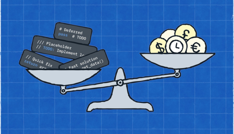 A scale balancing software code snippets with "TODO" and "quick fix" comments against money symbols, illustrating the trade-off between technical debt and business costs.