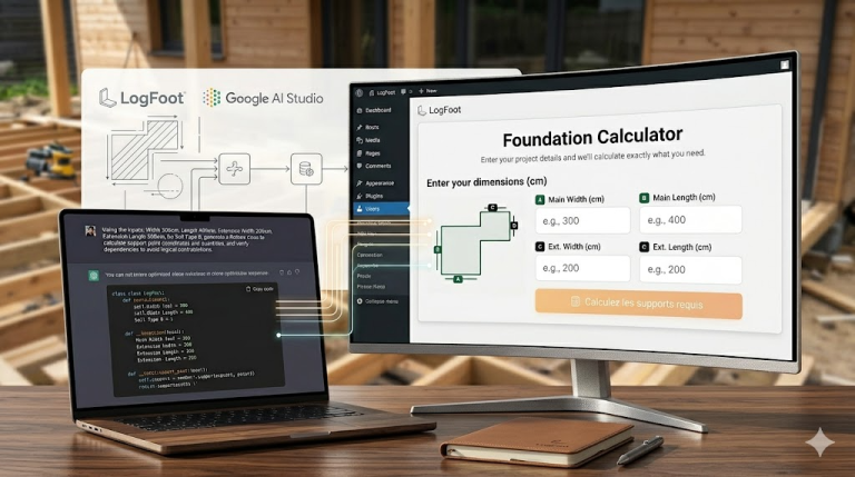 Visualization of the LogFoot foundation product configurator development process, featuring integration with Google AI Studio, code development on a laptop, and the calculator interface on a monitor.