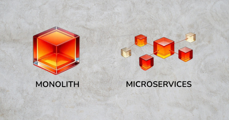 Visualization of monolith and microservices on a concrete background